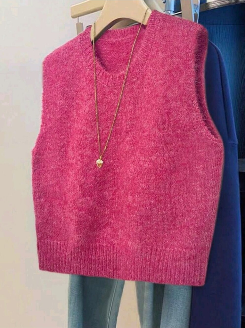 Women's Solid Color Round Neck Casual Versatile Knitted Vest, Autumn/Winter